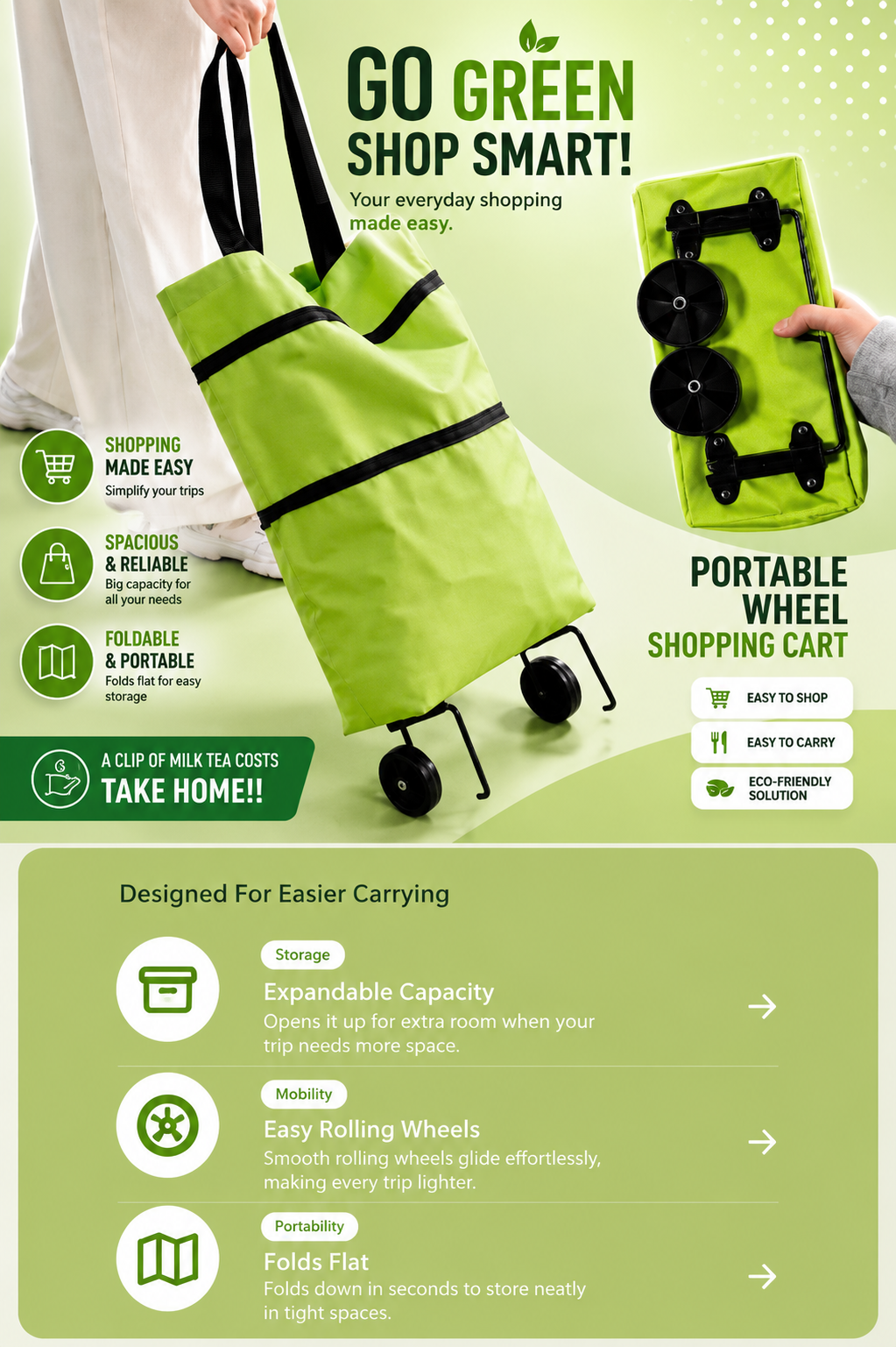 Foldable Rolling Shopping Bag – Expandable Grocery Tote with Wheels