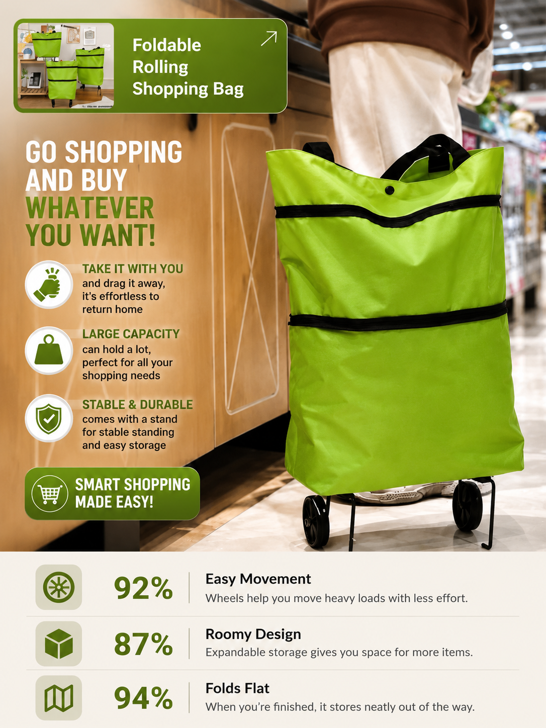 Foldable Rolling Shopping Bag – Expandable Grocery Tote with Wheels